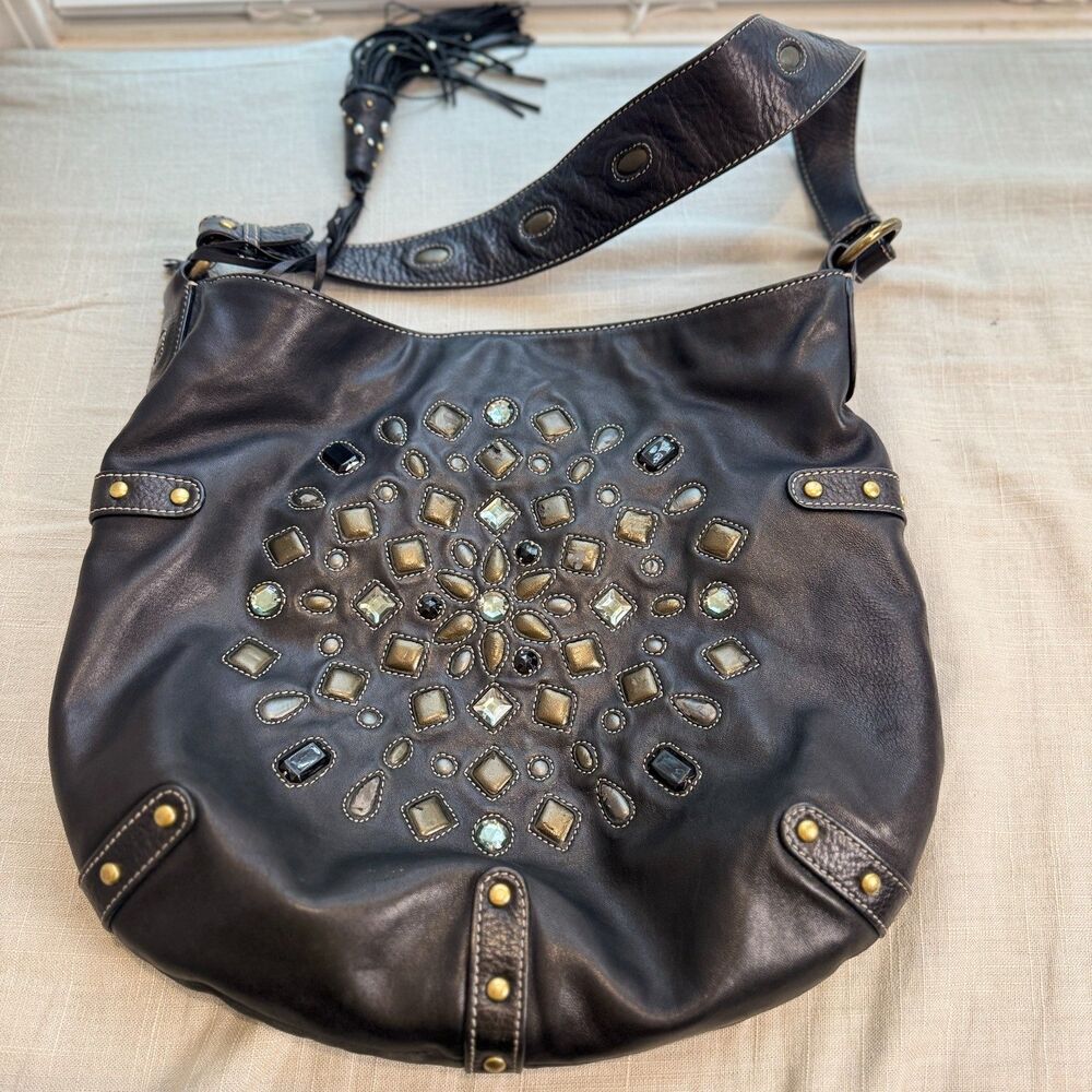 Sigrid Olsen Black Leather Crescent Shoulder Bag Embellished Tassel Purse